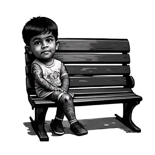 A 5-year-old Indian boy with a cute round face, short black hair, and realistic skin texture, sitting on a park bench in tattoo design idea