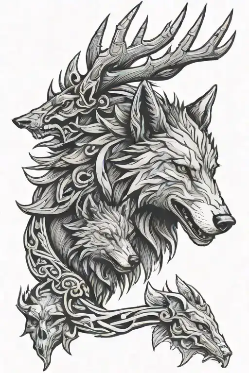witcher wolf and stag head tattoo design idea
