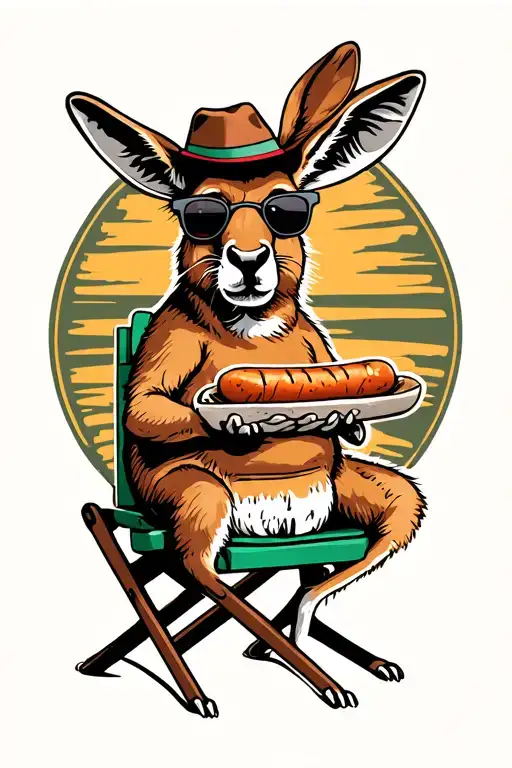 a kangaroo with a bunnings hat and sunnies sitting on a fold out chair holding a sausage in bread tattoo design idea