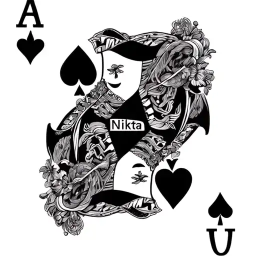 the Queen of hearts card with my fiancee name built into it she is called Nikita, crazy like harlequin  tattoo design idea