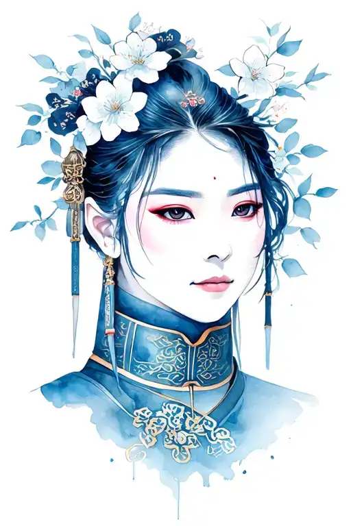 Chinese warrior face Sakura Fleur tattoo design idea
