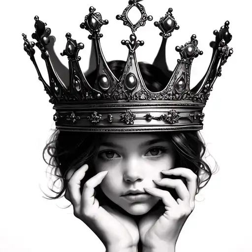 A girl wearing crown upside down and holding it with hands like portrait tattoo design idea