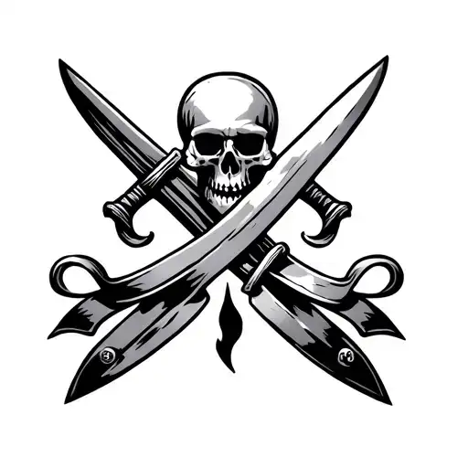 Two pirate swords upward cross each other, on them, a firing scull dipped knife with ribbon vertically tattoo design idea