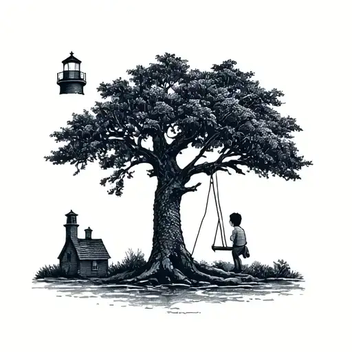 A tree with a boy on a swing looks at the lighthouse tattoo design idea