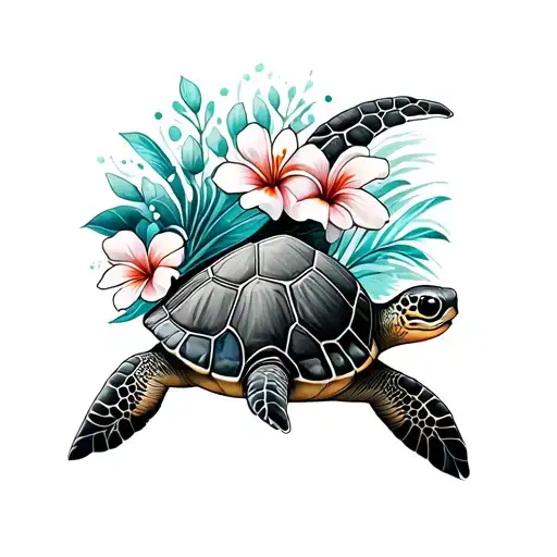 sea turtle with a wave and hawaiian flowers tattoo design idea