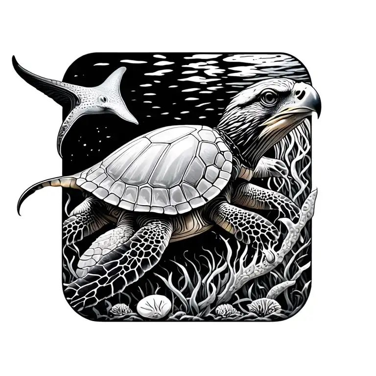 hawksbill turtle, jellyfish, eagle ray tattoo design idea