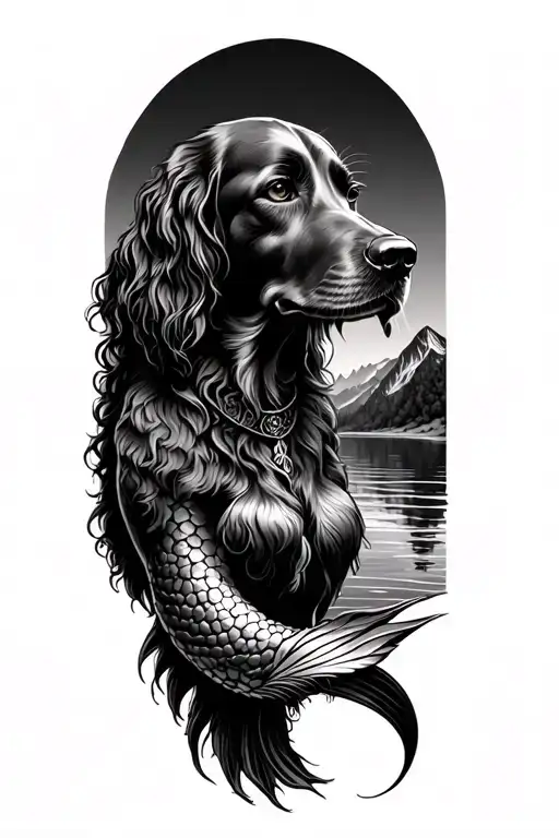 Warsaw mermaid, Irish setter, forest and mountains tattoo design idea