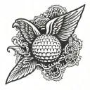A golf ball with wings flying over a Boston Redsox logo tattoo design idea
