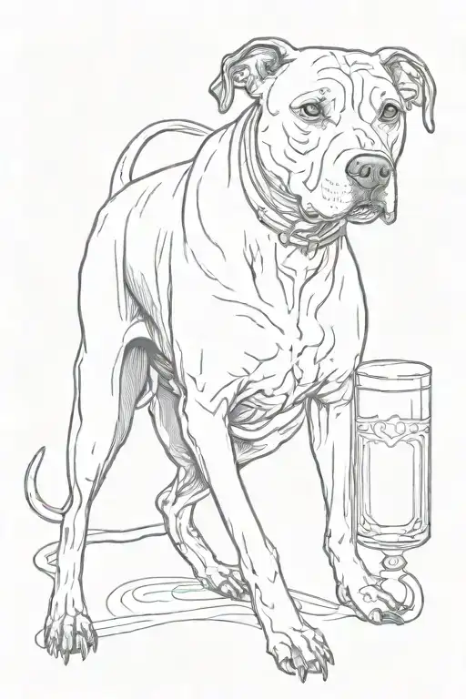 sitting pitbull balancing beer mug on its own  nose. full body, long tail, on dog is standing on her back legs tattoo design idea