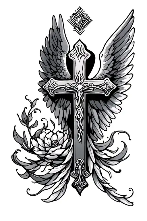 cross with angel wings made tattoo design idea