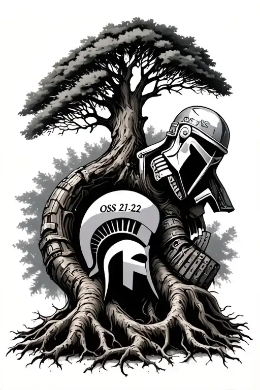 tree and roots representing family with a spartan warrior next it with "OSS 21-22" etched on helmet tattoo design idea