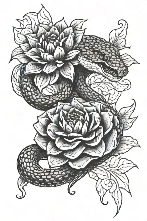 snake coiled around dahlia flower tattoo design idea