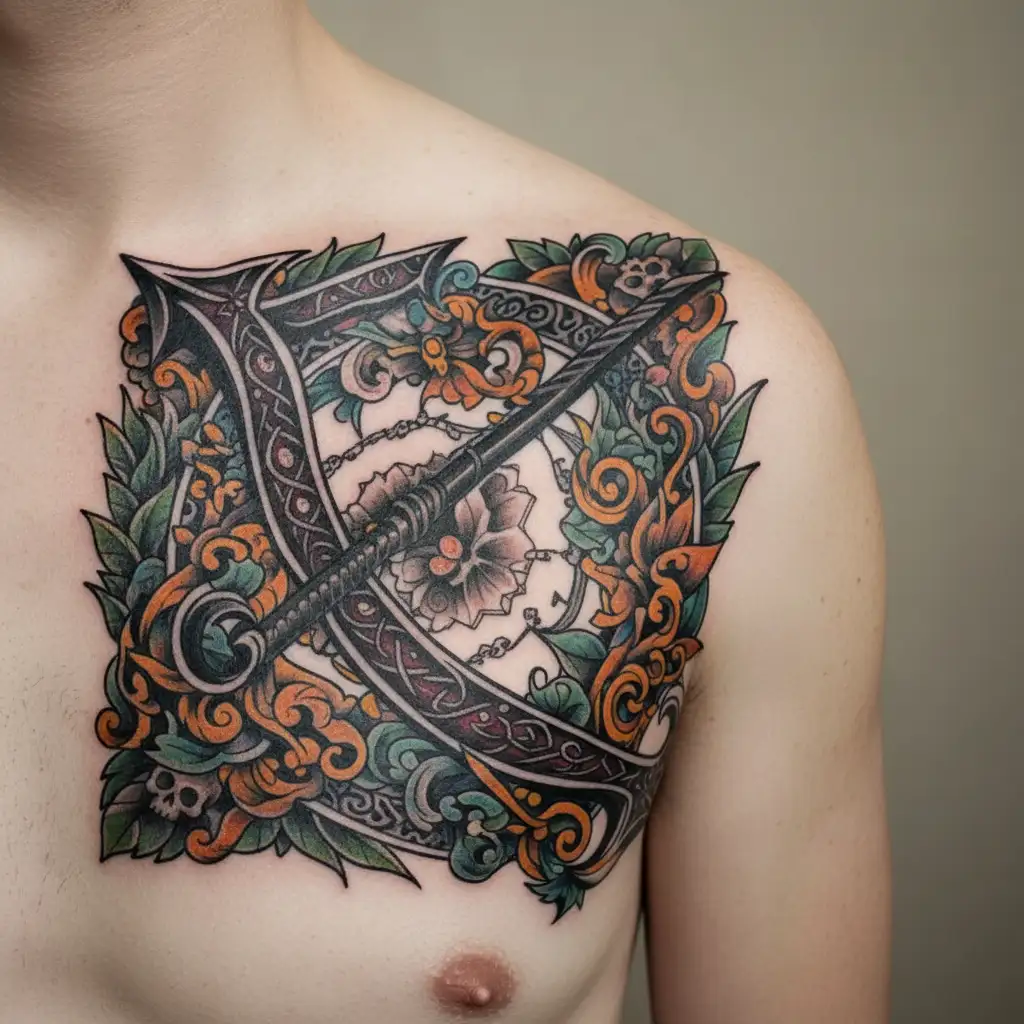 ISLAMIC Bow and Arrow with white background. no other thing tattoo design idea