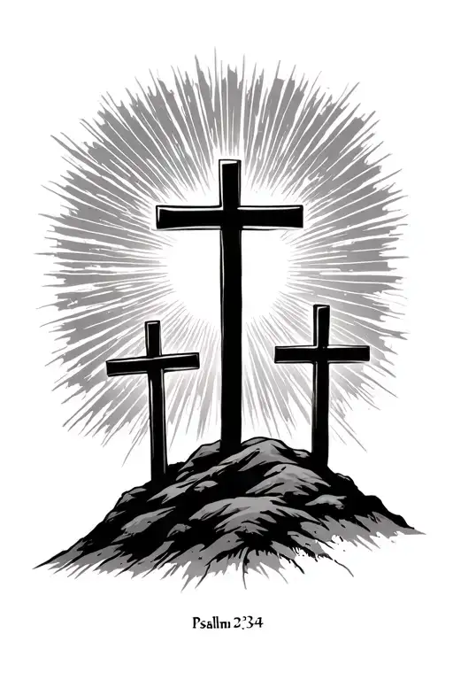 3 crosses on a hill with the sun beams comming frim behind with the scripture psalms 23:4 under it tattoo design idea
