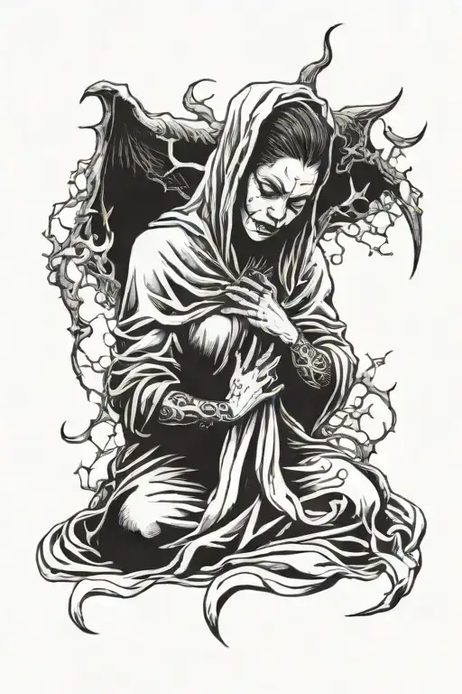 Need a black and white tattoo all over my sleeve. The devil is holding a nun by the throat. She is kneeling in prayer and crying. tattoo design idea