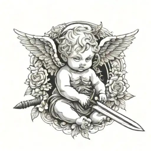 A baby angel holding a sword surrounded tattoo design idea