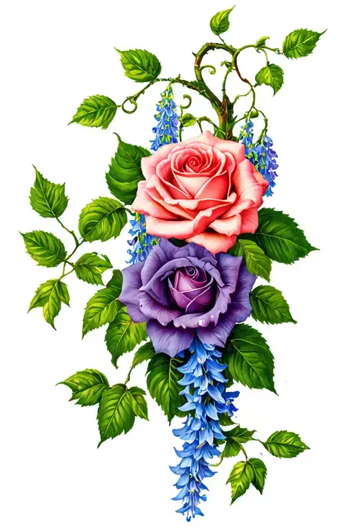 viney floral with hollyhawk, larkspur, climbing roses flowers intertwined with vines tattoo design idea