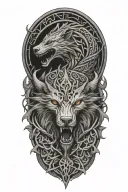 fenrir whit runes and snake, tree of life intertwined tattoo design idea