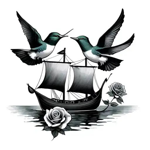 peter pan boat two swallows two roses tattoo design idea