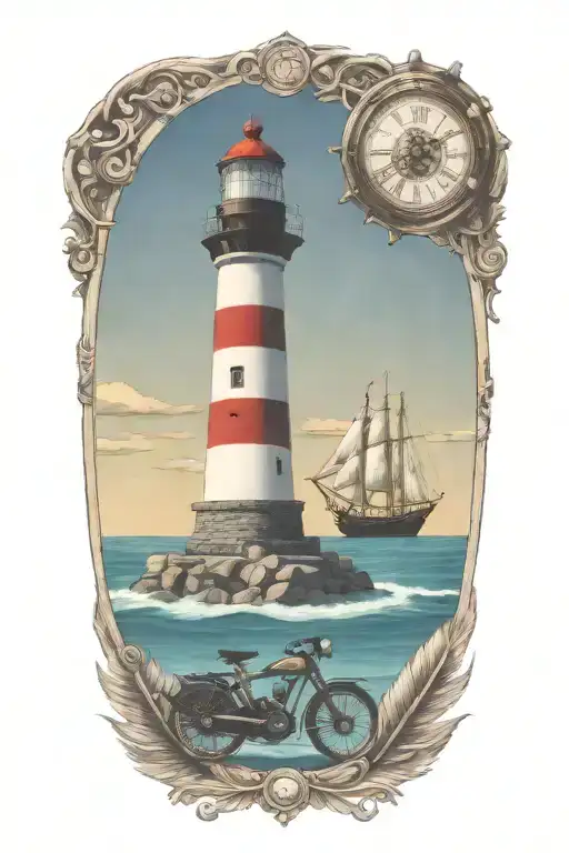 Light house, ship wheel with a clock, Indian feather, tropical fish, motorcycle tattoo design idea