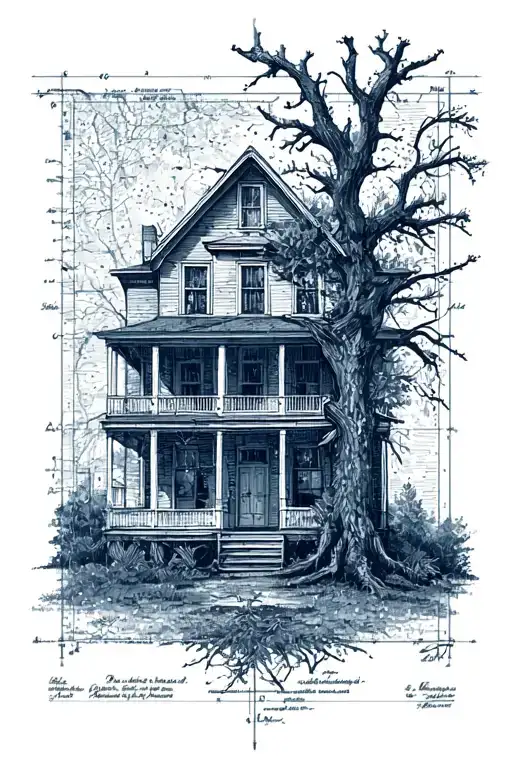 historic blueprint incorporating elements, dslr camera, abandoned house, dead tree tattoo design idea