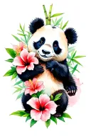 panda bear with hibiscus flowers and bamboo  tattoo design idea