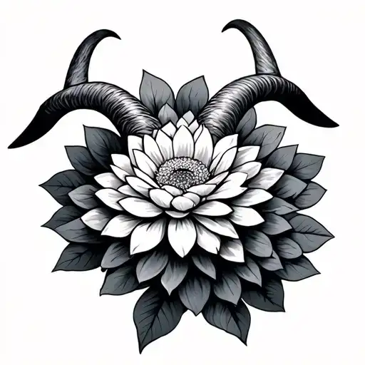 fgoat horns that curve with a chrysanthemum behind them centered tattoo design idea