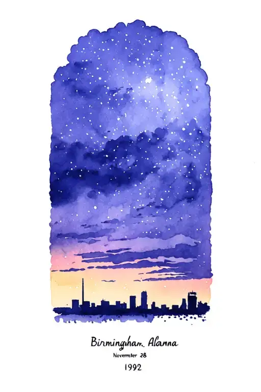 A beautifully minimalist black ink tattoo design captures the night sky over Birmingham, Alabama on November 28, 1992.  tattoo design idea