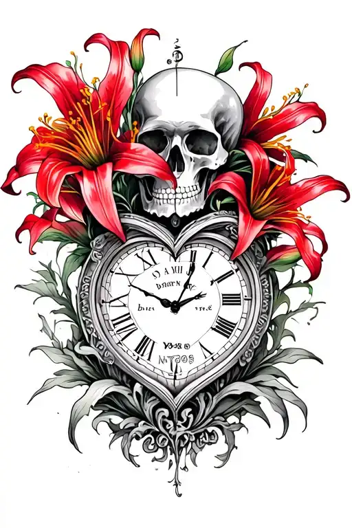 A half a sleeve with skulls and red spider lily flowers and Roman number heart shaped clock with the time I was born 9:3 tattoo design idea