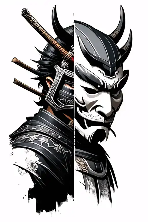 samurai with oni mask split in half tattoo design idea