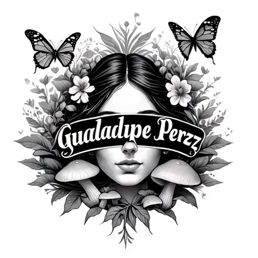 the name Guadalupe Perez with butterflies and mushrooms around name  tattoo design idea
