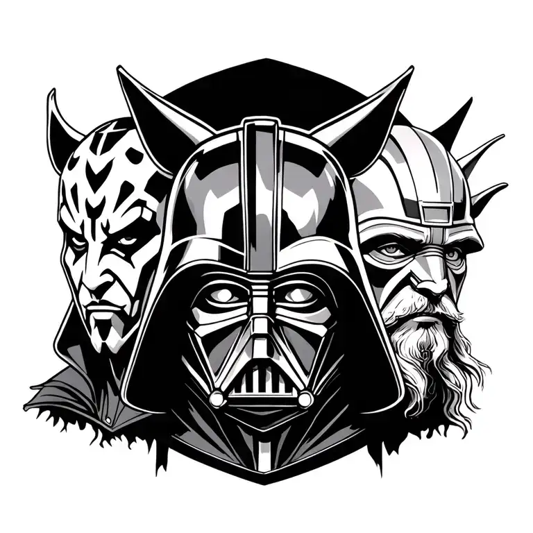 tattoo including darth maul, darth vader, mandolorian and grogu, anakin and obi wan kenobi tattoo design idea