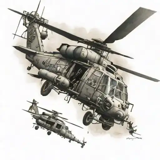Blackhawk helicopter with dog tags hanging upside tattoo design idea