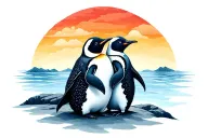 two baby penguins with arms around each other's back watching the sunrise over the horizon from a distance. tattoo design idea
