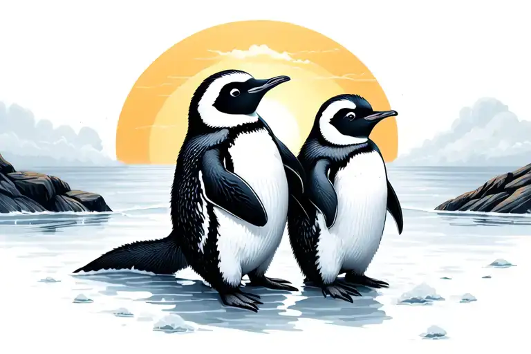 two baby penguins with arms around each other's back watching the sunrise over the horizon from a distance. tattoo design idea