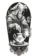 Hodded alchemist performing ritual, tarot cards, tea, cups, beakers, candles tattoo design idea