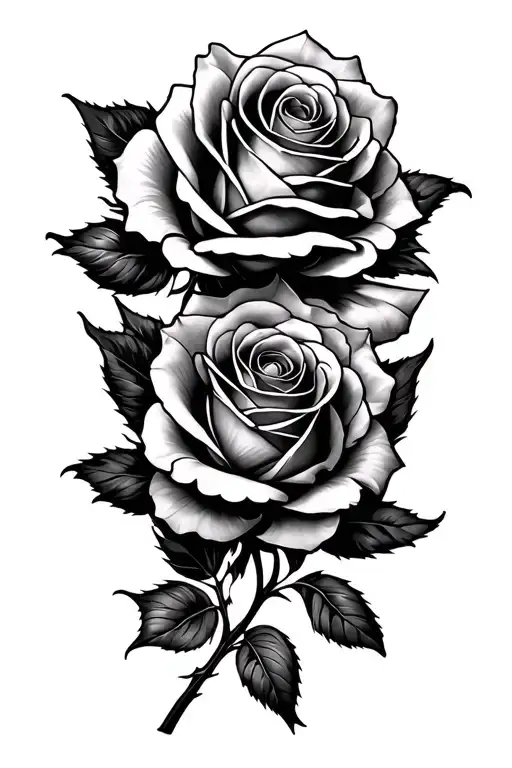 black and grey realism tattoo of two roses intertwined on the upper arm, fine line realism, minimal shading, elegant ste tattoo design idea