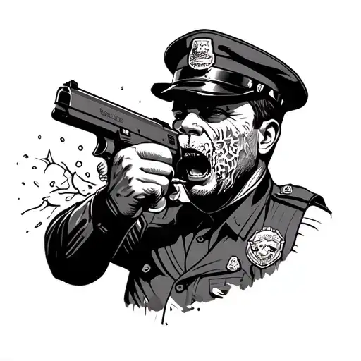American traditional, bold line work, of a cop with his own Glock in his mouth and he is blowing his brains out tattoo design idea