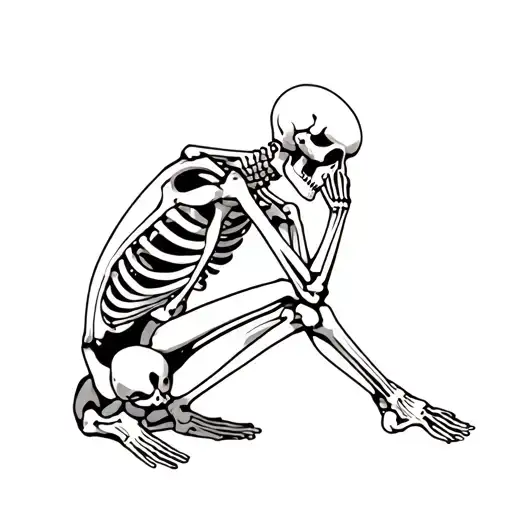 skeleton, sitting, thinking, knee up, elbow on knee, hand near chin, thinking, skeleton tattoo design idea