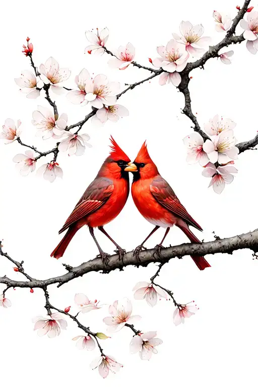 Tattoo design of two cardinals perched on a single akebono cherry blossom branch, facing each other in an intimate pose tattoo design idea