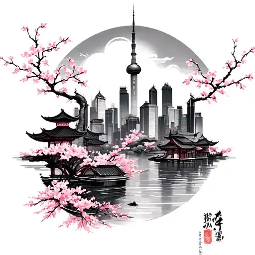 A fine-line tattoo of the Shanghai skyline on your upper arm cherry blossom, water, koi and yu yuan gardens tattoo design idea