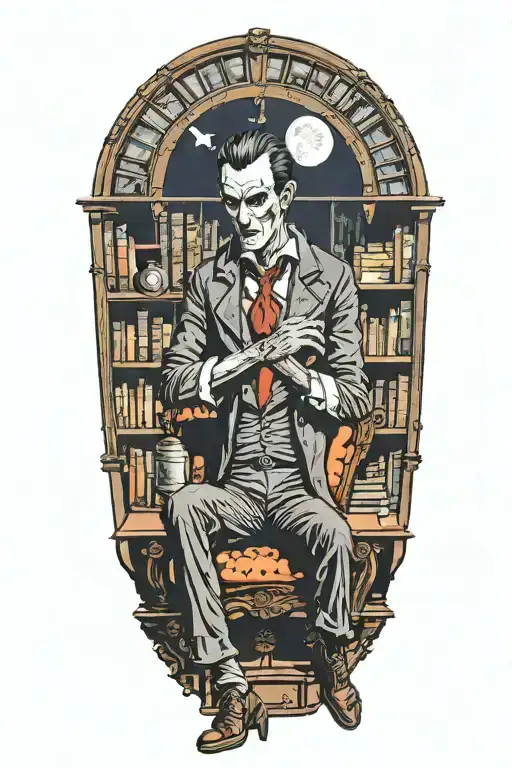 A vampire sitting in an office library. Full moon outside window. Bats  tattoo design idea
