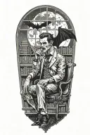 A vampire sitting in an office library. Full moon outside window. Bats  tattoo design idea