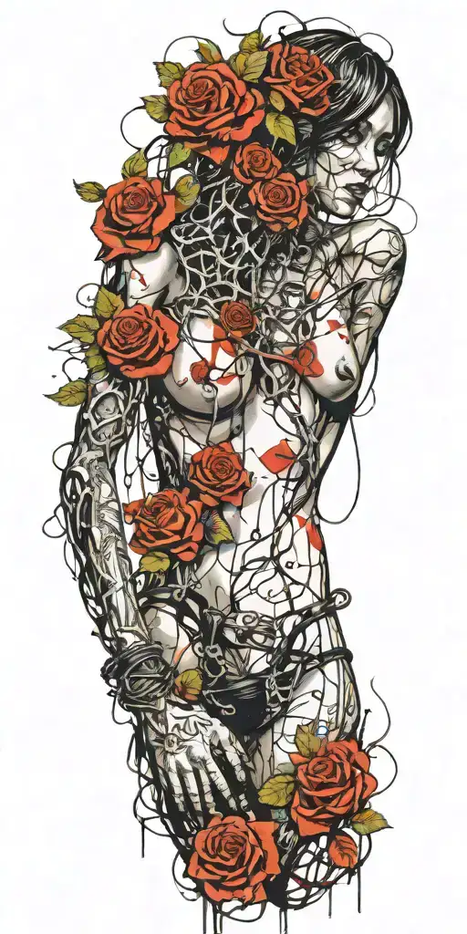girl naked, broken chains, tree roots, roses tattoo design idea