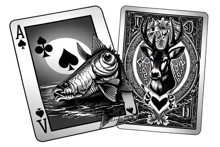 in loving memory Rj with one ace fishing pocker card and o e 10 point buck poker card tattoo design idea