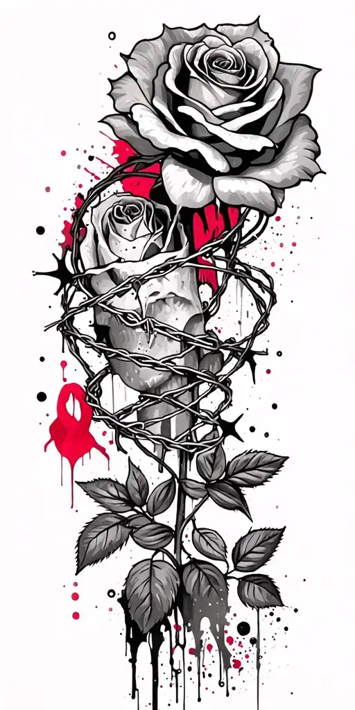 dead roses, barbed wire wrapped, and breast cancer awarness tattoo design idea
