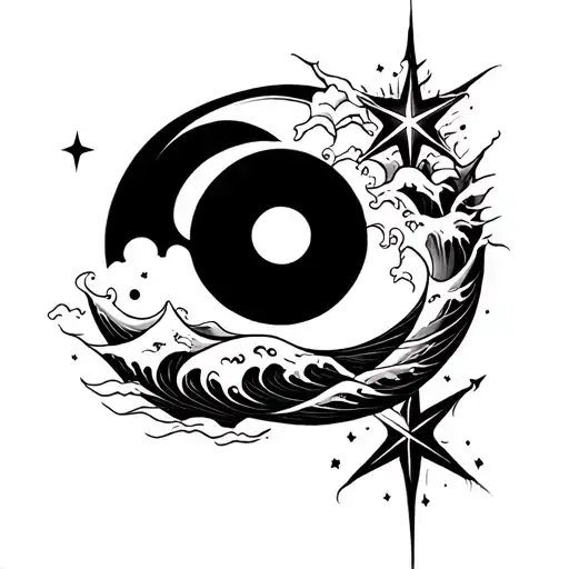 full moon, waves, star, infinity tattoo design idea