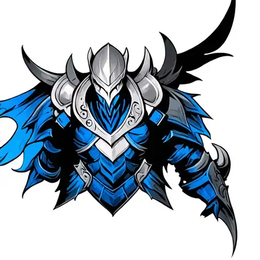 design a half sleeve evil armor tattoo from the second knuckle to the shoulder. include the color blue. show how this w. tattoo design idea