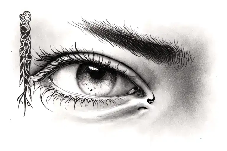 A tattoo inspired by Alexandre Cabanel’s painting The Fallen Angel, focusing only on the eye with a tear, reimagined in  tattoo design idea