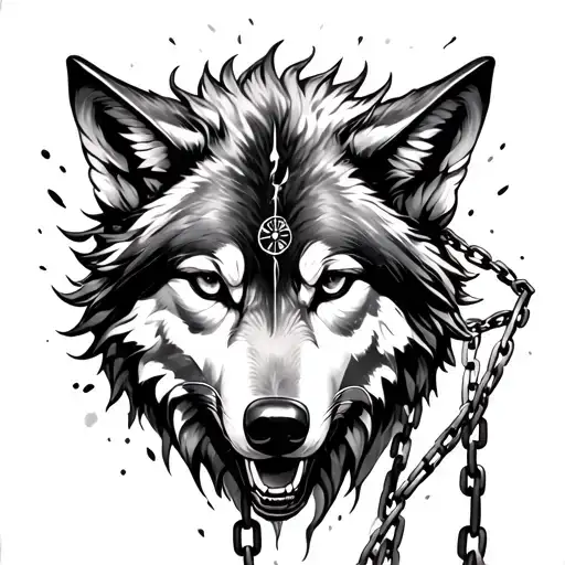 feminine wolf breaking free of chains wrapped blended with a compass tattoo design idea